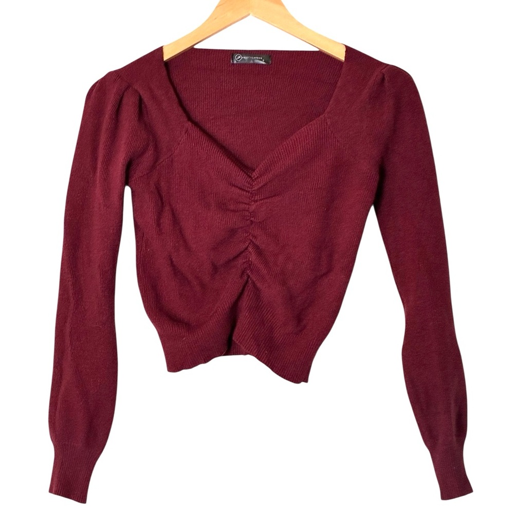Pretty Garden | burgundy long sleeve crop ruched sweater
